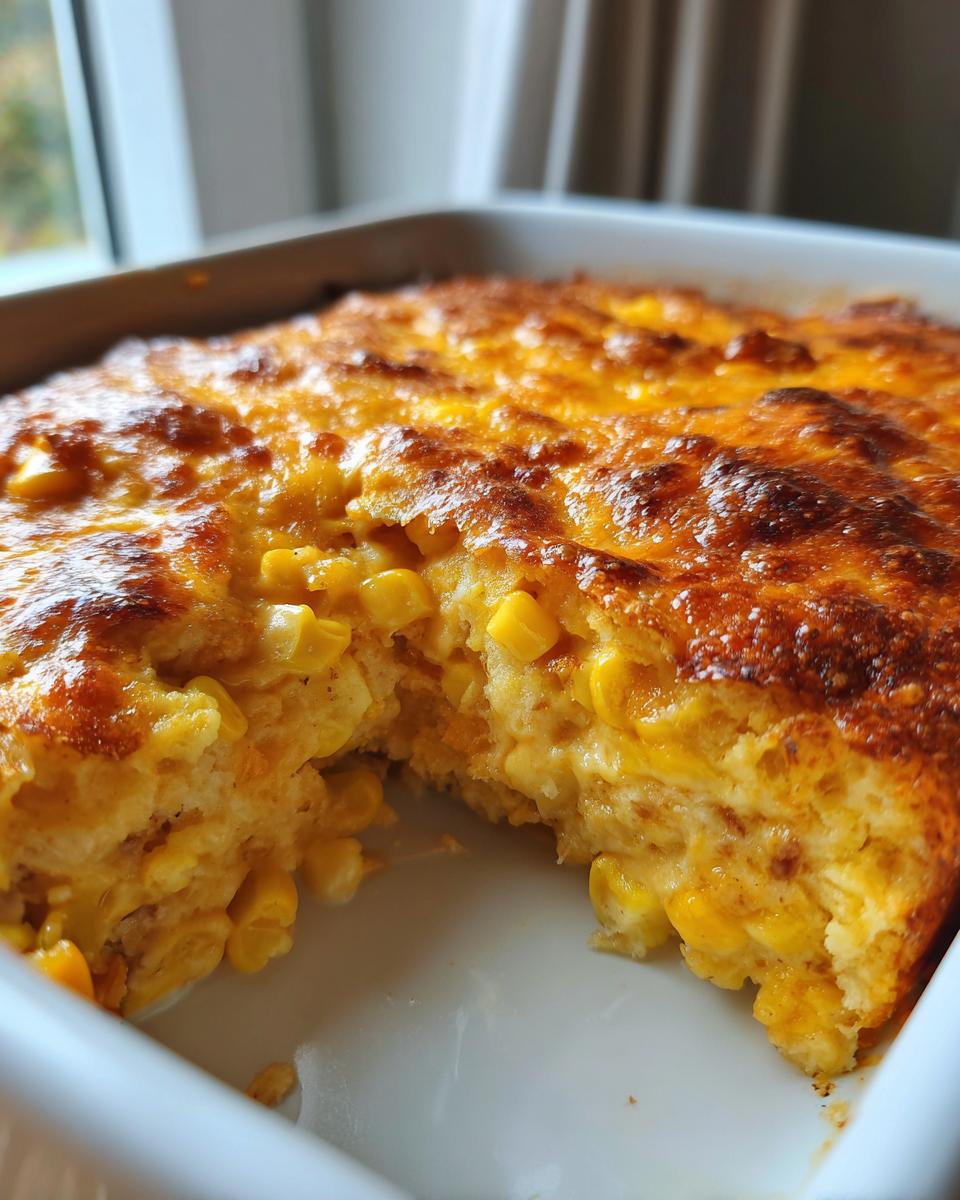 Close-up of a baked corn dip in a white dish with a scoop removed, showing a cheesy, golden crust.