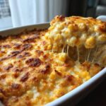 A spoonful of hot, cheesy corn dip being lifted from a white baking dish, showing a dramatic cheese pull.