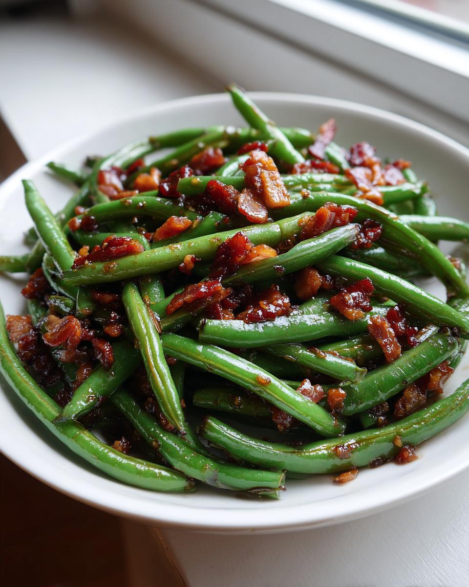 A white bowl filled with bright green beans tossed in a savory glaze and topped with crispy bacon bits, featuring the primary keyword green beans.