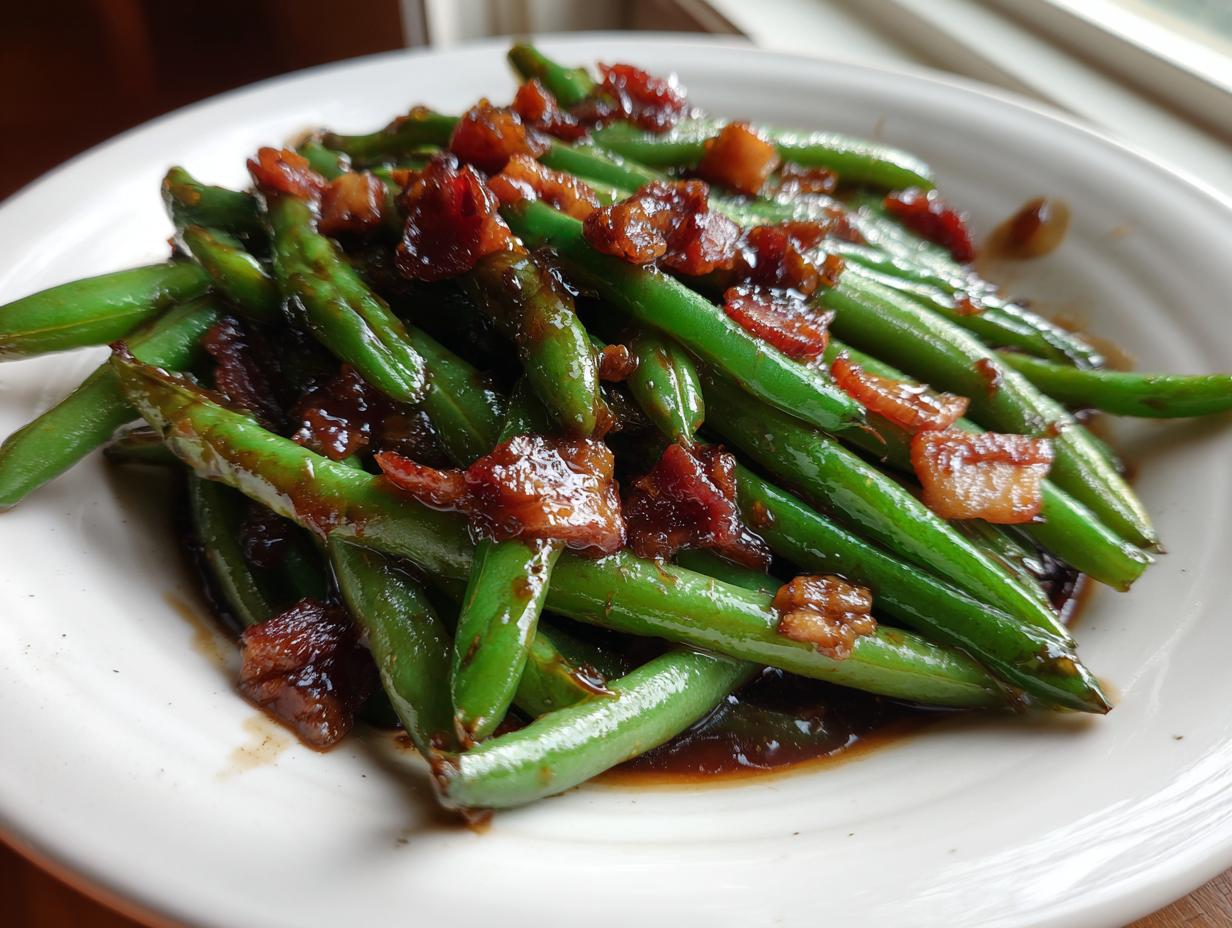 Close-up of bright green beans coated in a dark, sticky glaze and topped with crispy bacon pieces.