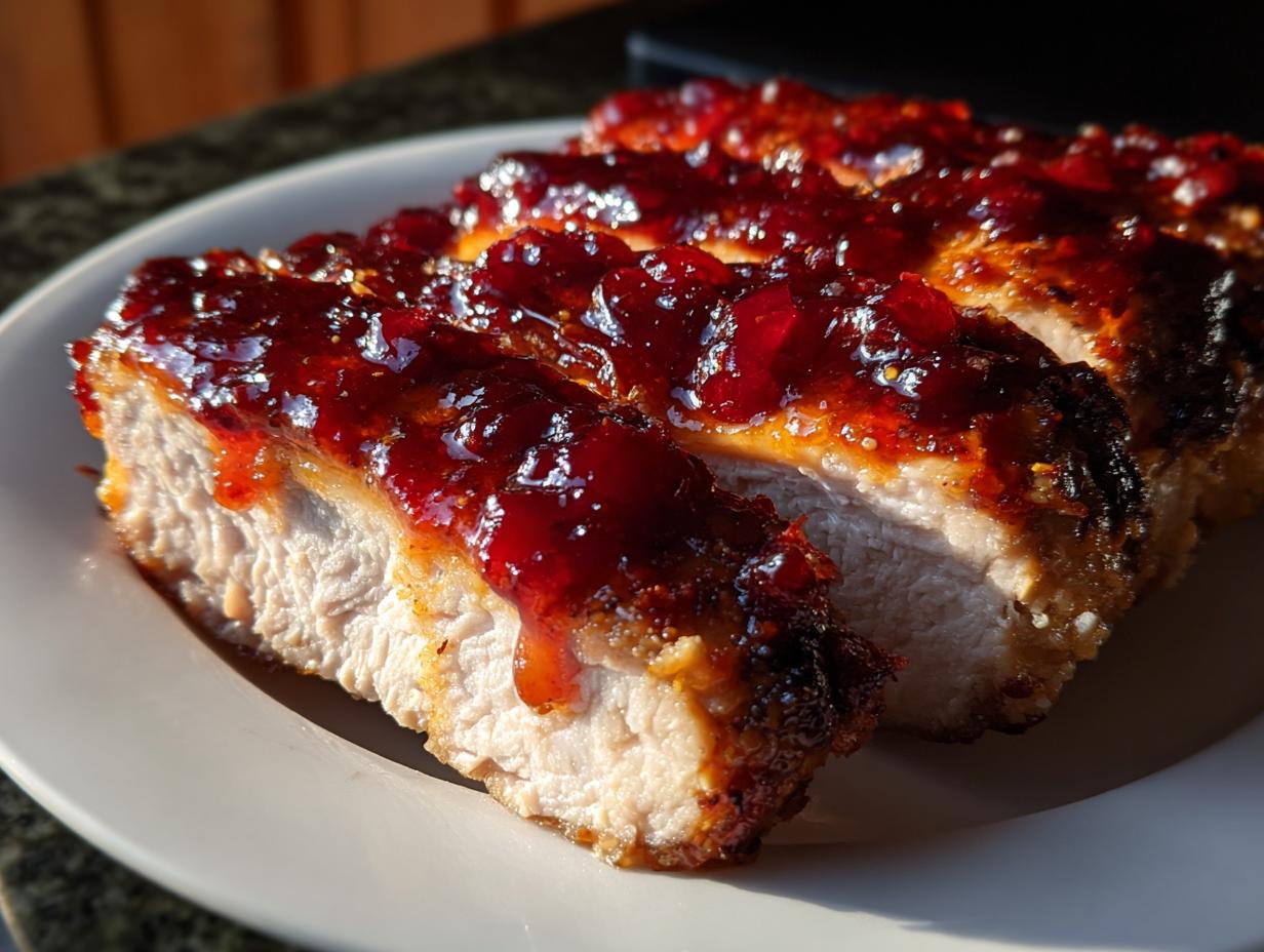 Close-up of sliced cranberry chicken breast covered in a thick, glossy, dark red cranberry glaze.