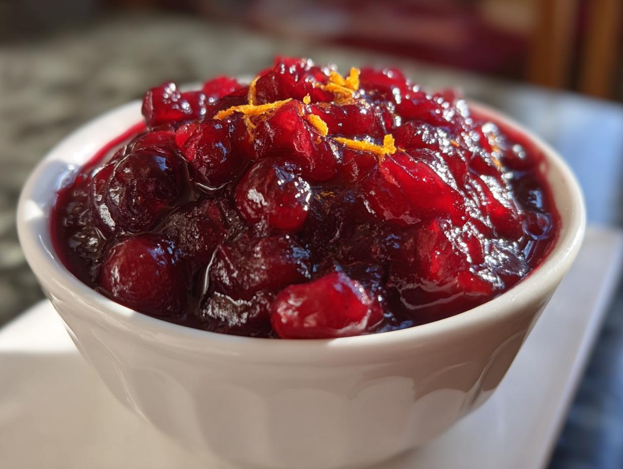 Close-up of chunky homemade cranberry sauce in a white bowl, topped with bright orange zest.