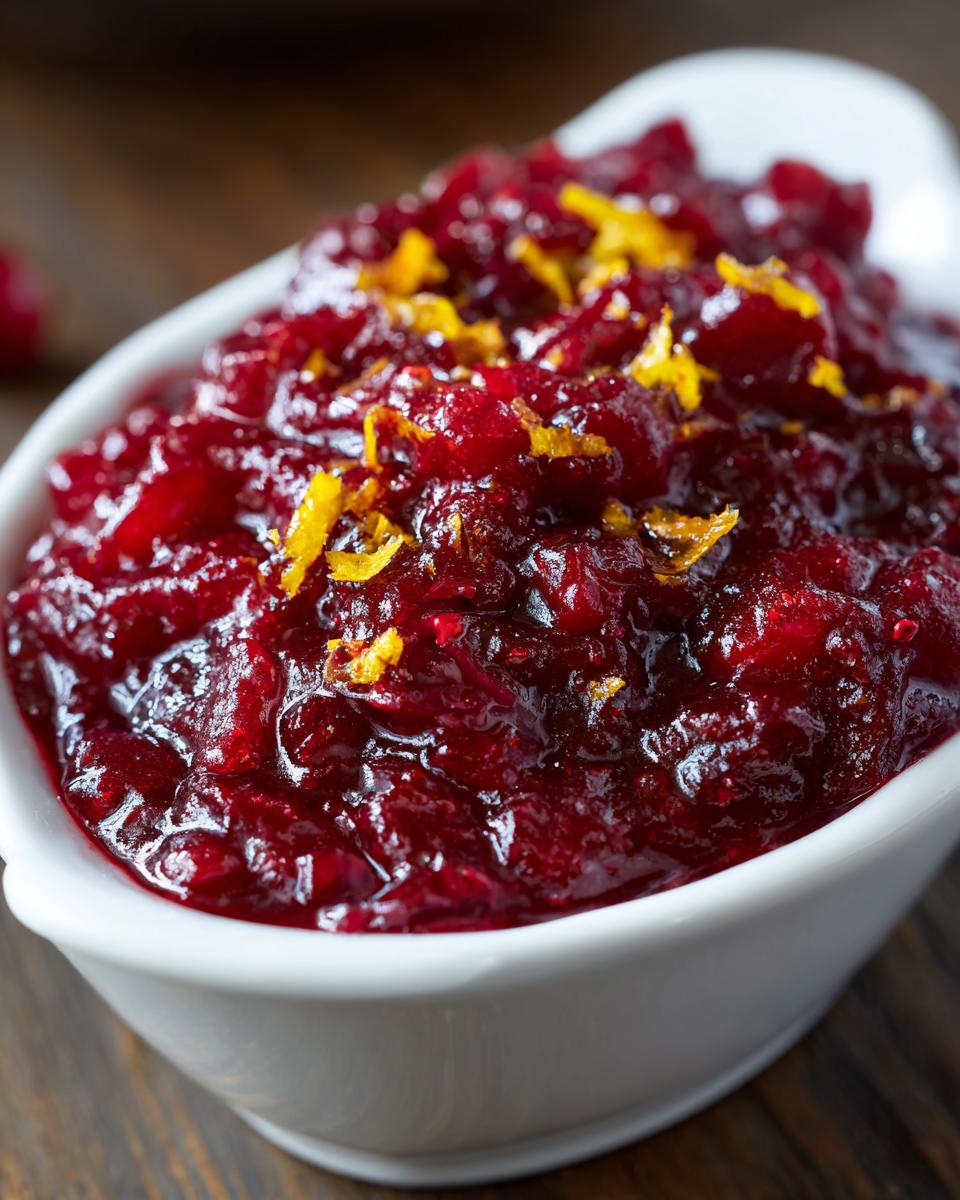 Close-up of rich, homemade cranberry sauce topped with bright orange zest in a white serving dish.