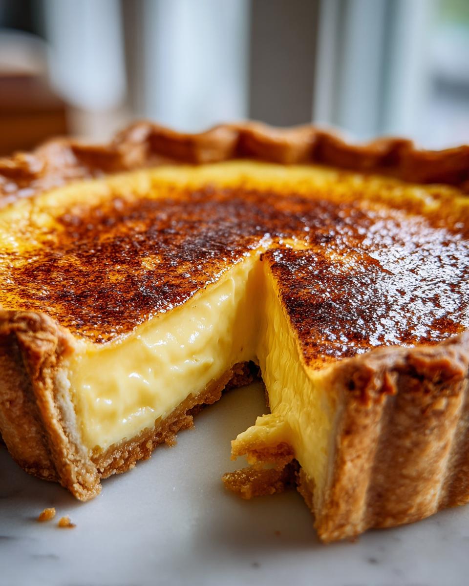 Close-up of a silky custard pie with a deeply caramelized, brûléed top, showing a creamy interior after a slice has been removed.