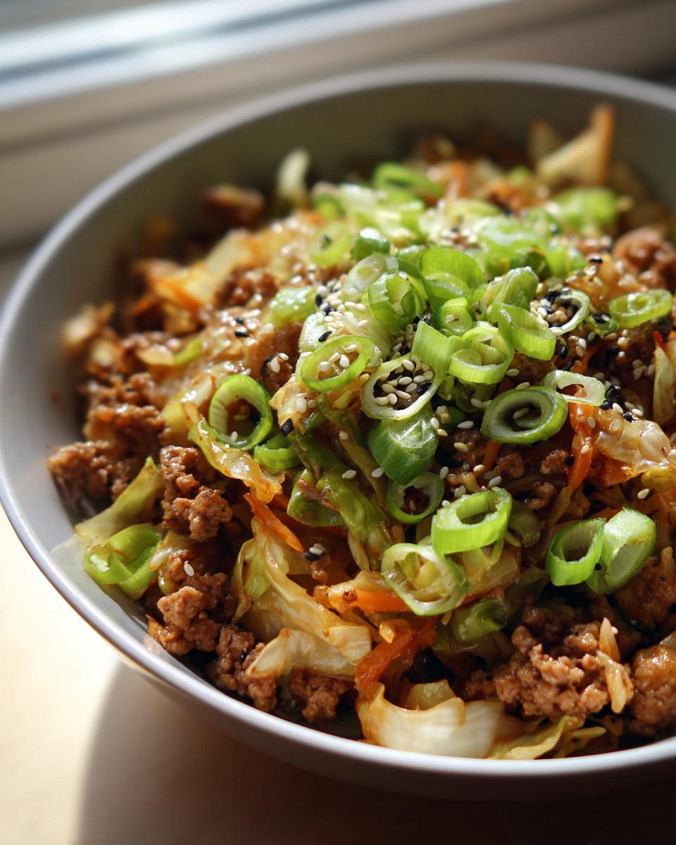 A close-up of a bowl filled with savory egg roll in a bowl mixture, topped with fresh green onions and sesame seeds.