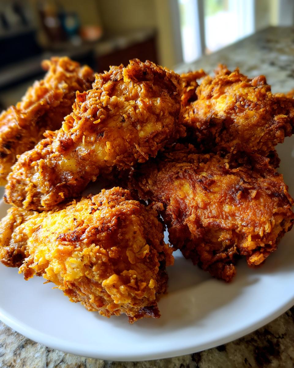 Close-up of several golden-brown, crispy pieces of fried chicken piled on a white plate.
