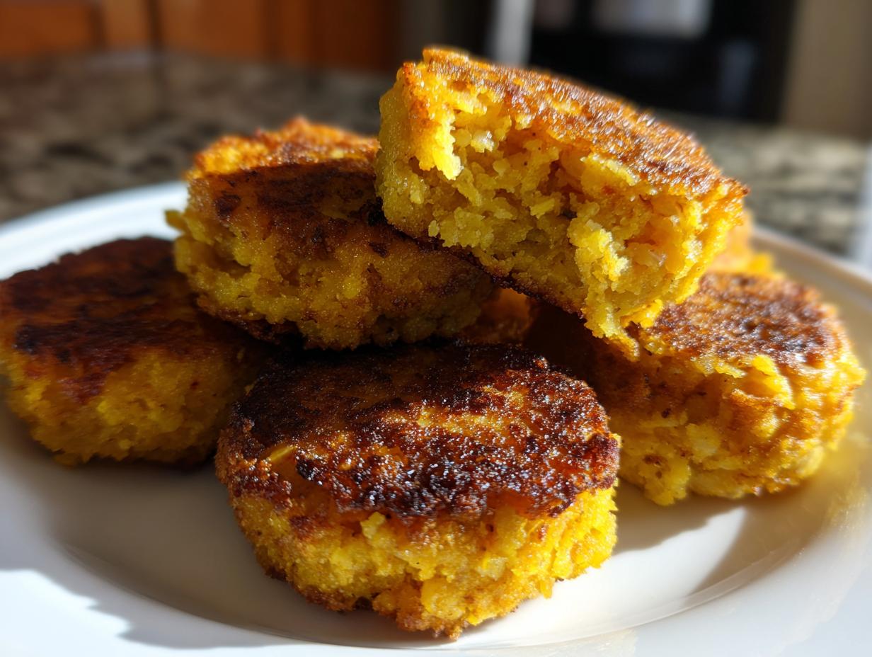 Close-up of several golden brown fried cornbread patties stacked on a white plate, one broken open showing the texture.