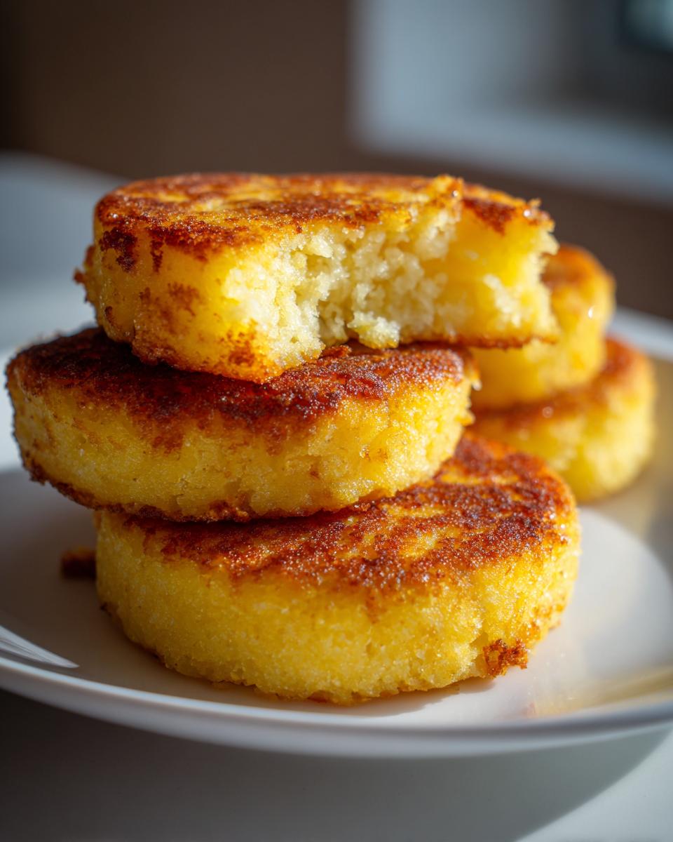A stack of golden brown, round fried cornbread pieces with one piece broken open showing the texture.
