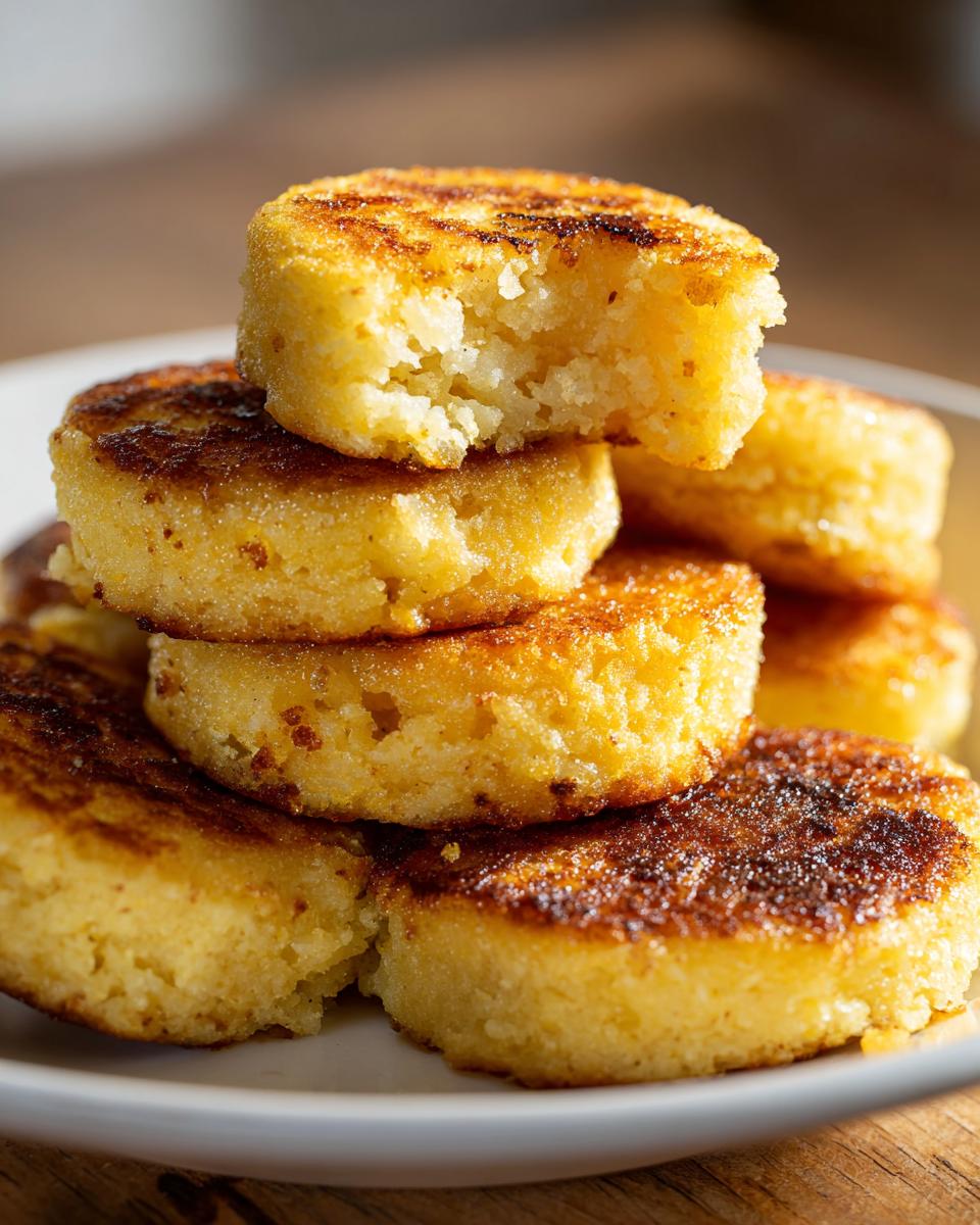 Close-up of a stack of golden, pan-fried cornbread rounds, with one piece showing a bite taken out.