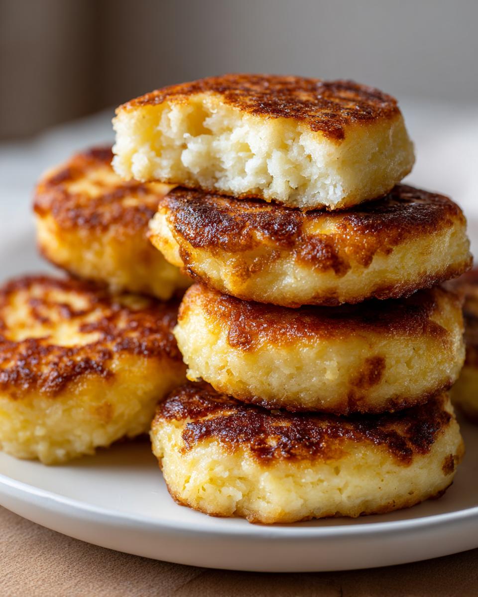 A stack of golden-brown, perfectly fried cornbread patties, with the top one broken open to show the texture.