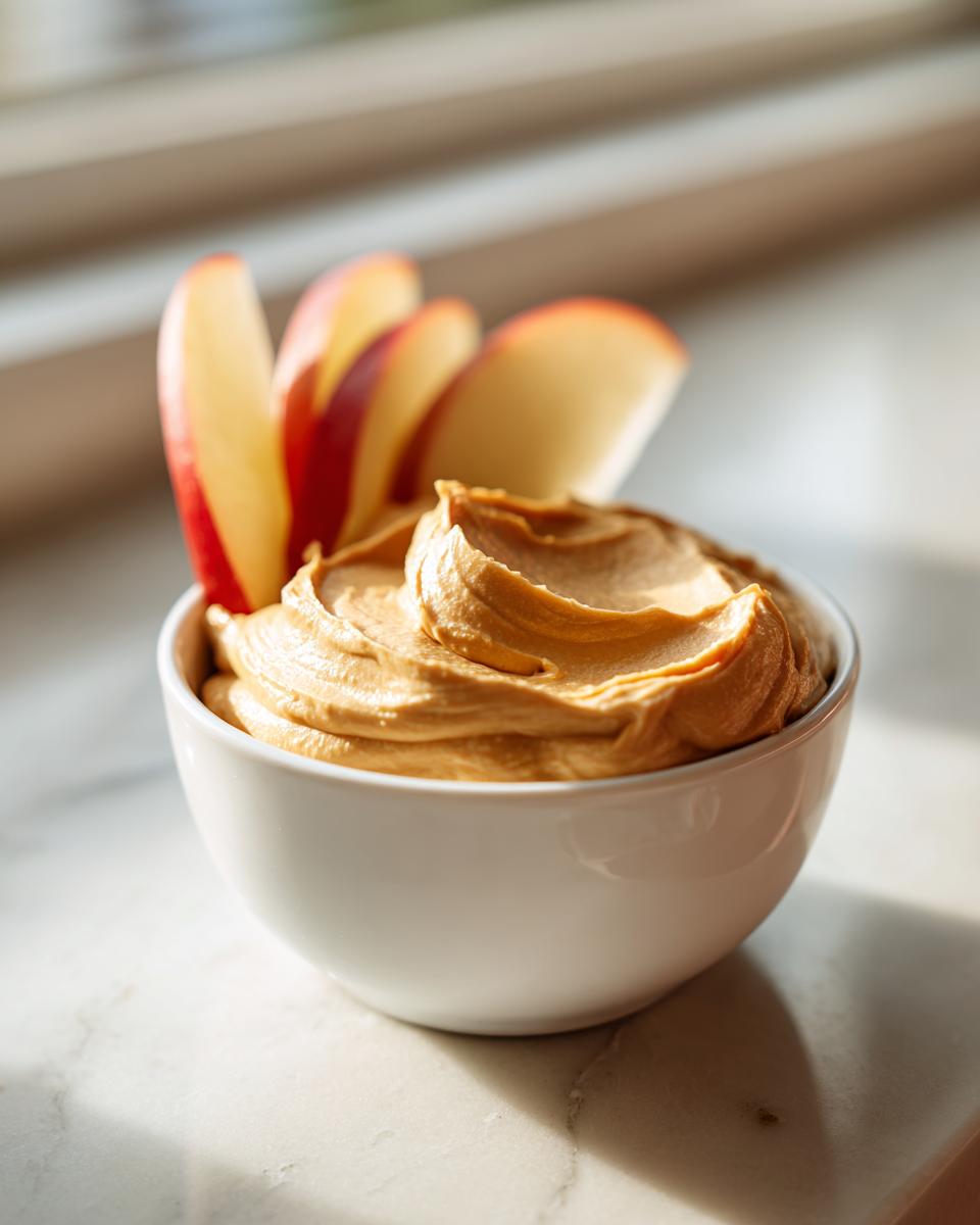 A small white bowl filled with creamy, light brown fruit dip, served with fresh red apple slices.