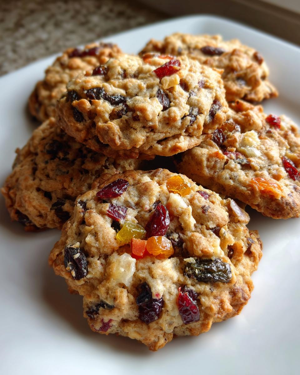 A stack of freshly baked fruitcake cookies loaded with colorful dried and candied fruit pieces.