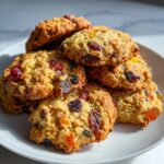 A close-up stack of golden brown fruitcake cookies packed with dried red and dark fruits, sitting on a white plate.