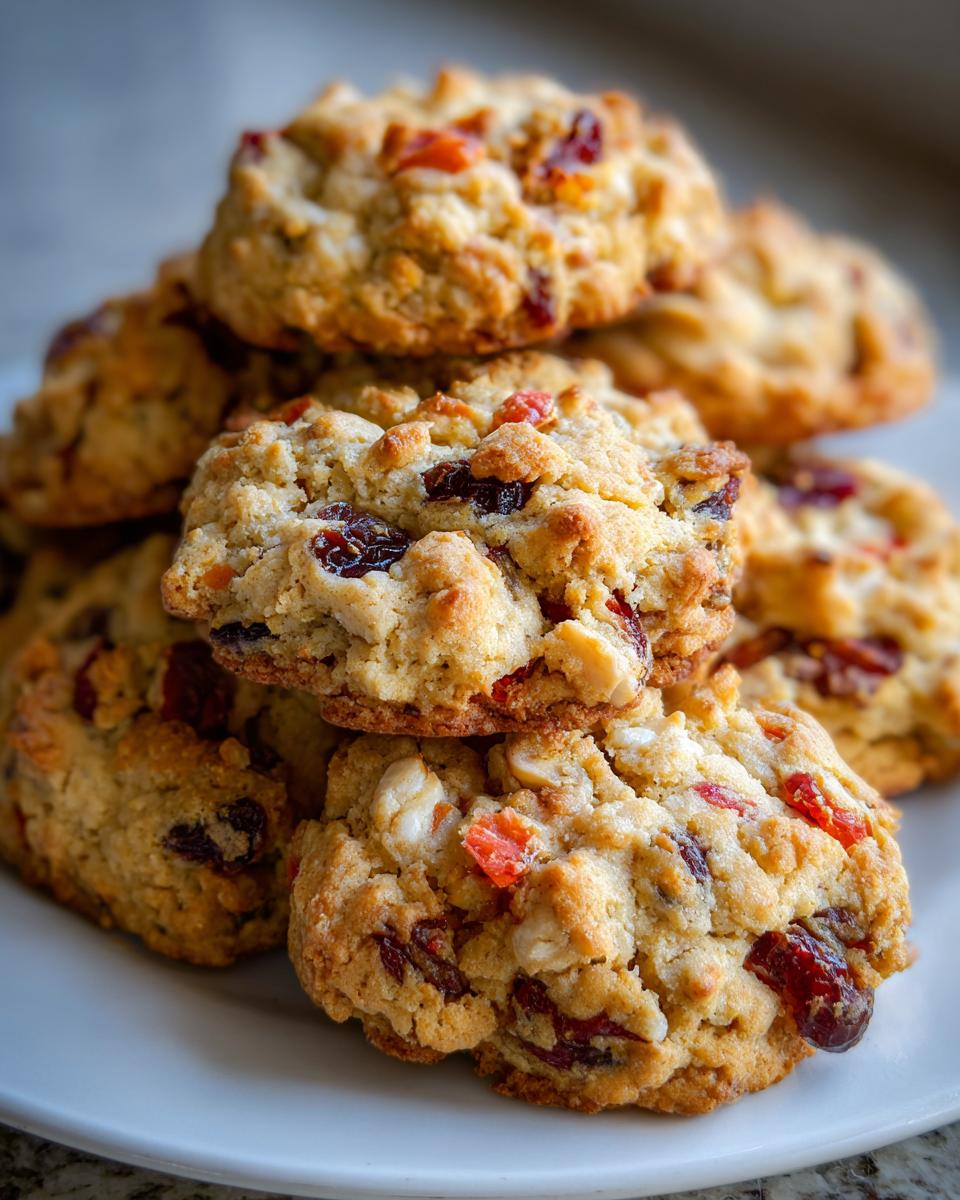 A close-up stack of golden brown fruitcake cookies loaded with dried fruit and candied peel.