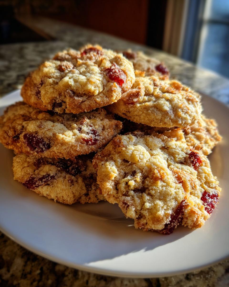 A close-up stack of freshly baked fruitcake cookies, studded with bright red candied fruit pieces.