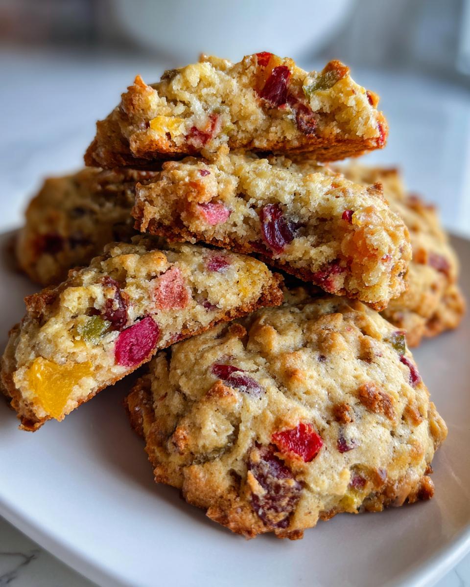A stack of soft, chewy fruitcake cookies loaded with colorful candied fruit pieces.