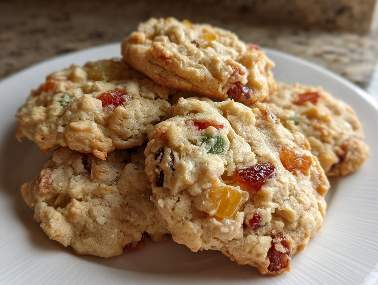 A stack of freshly baked fruitcake cookies featuring colorful candied fruit pieces on a white plate.