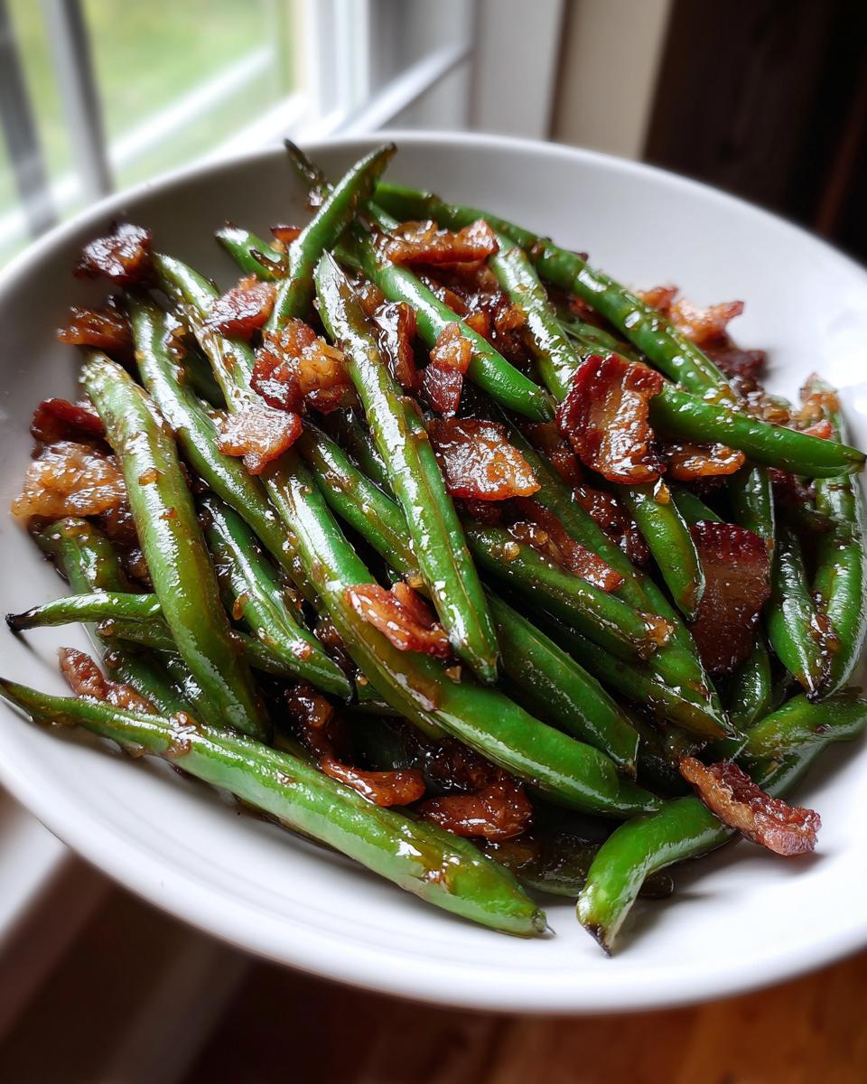 A white bowl filled with glossy, bright green beans tossed with crispy, caramelized bacon pieces.