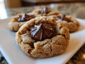 A close-up of a freshly baked, sugar-coated peanut butter kiss cookie with a dollop of melted chocolate in the center.