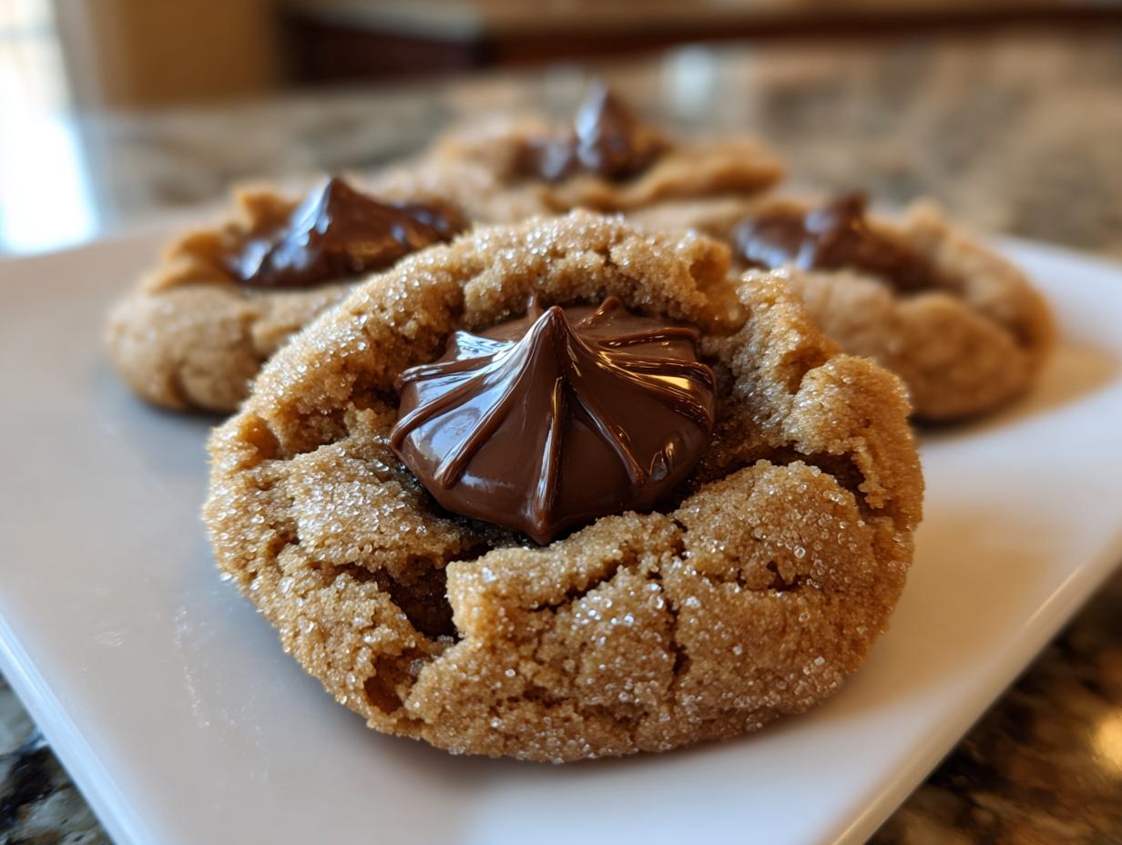 A close-up of a freshly baked, sugar-coated peanut butter kiss cookie with a dollop of melted chocolate in the center.