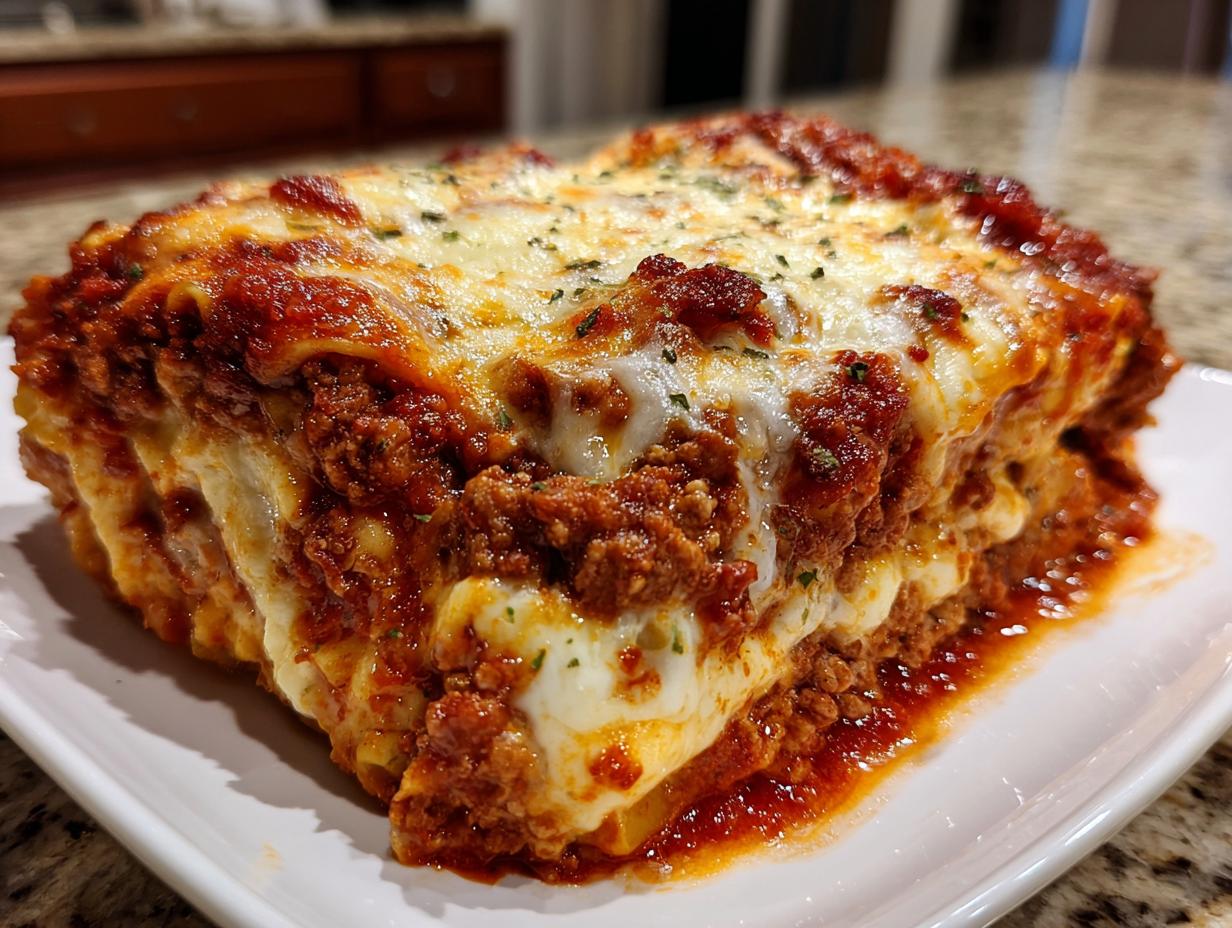 A thick, juicy slice of lazy lasagna featuring layers of meat sauce, ricotta, and melted mozzarella cheese on a white plate.