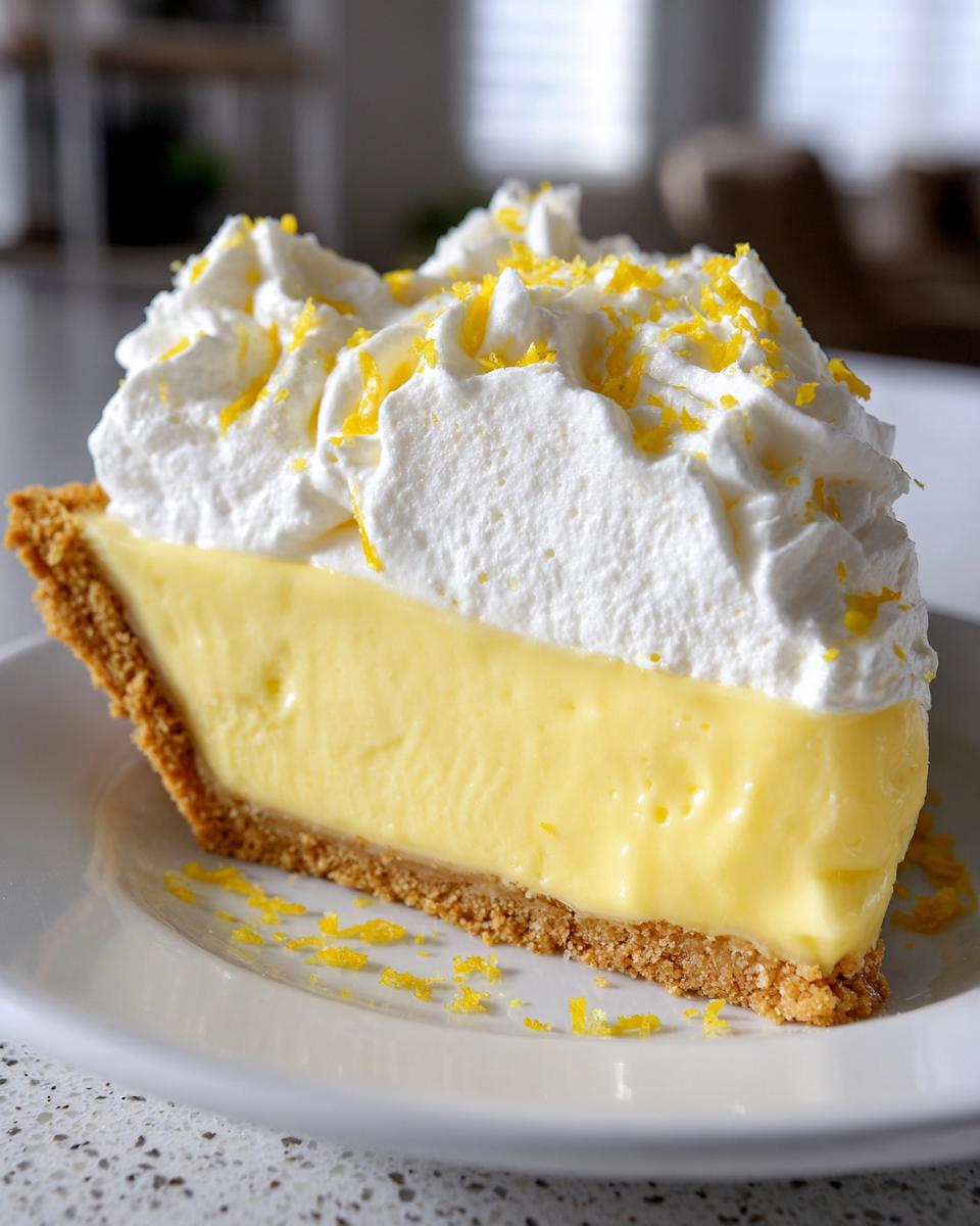 A thick slice of creamy lemon pie topped with whipped cream and lemon zest.