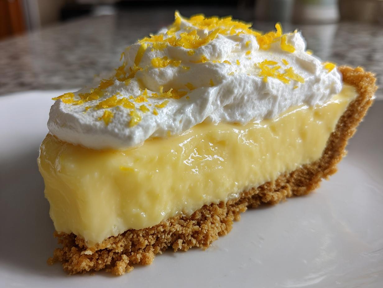 A close-up slice of amazing lemon pie featuring a thick, creamy yellow filling and graham cracker crust, topped with whipped cream and zest.
