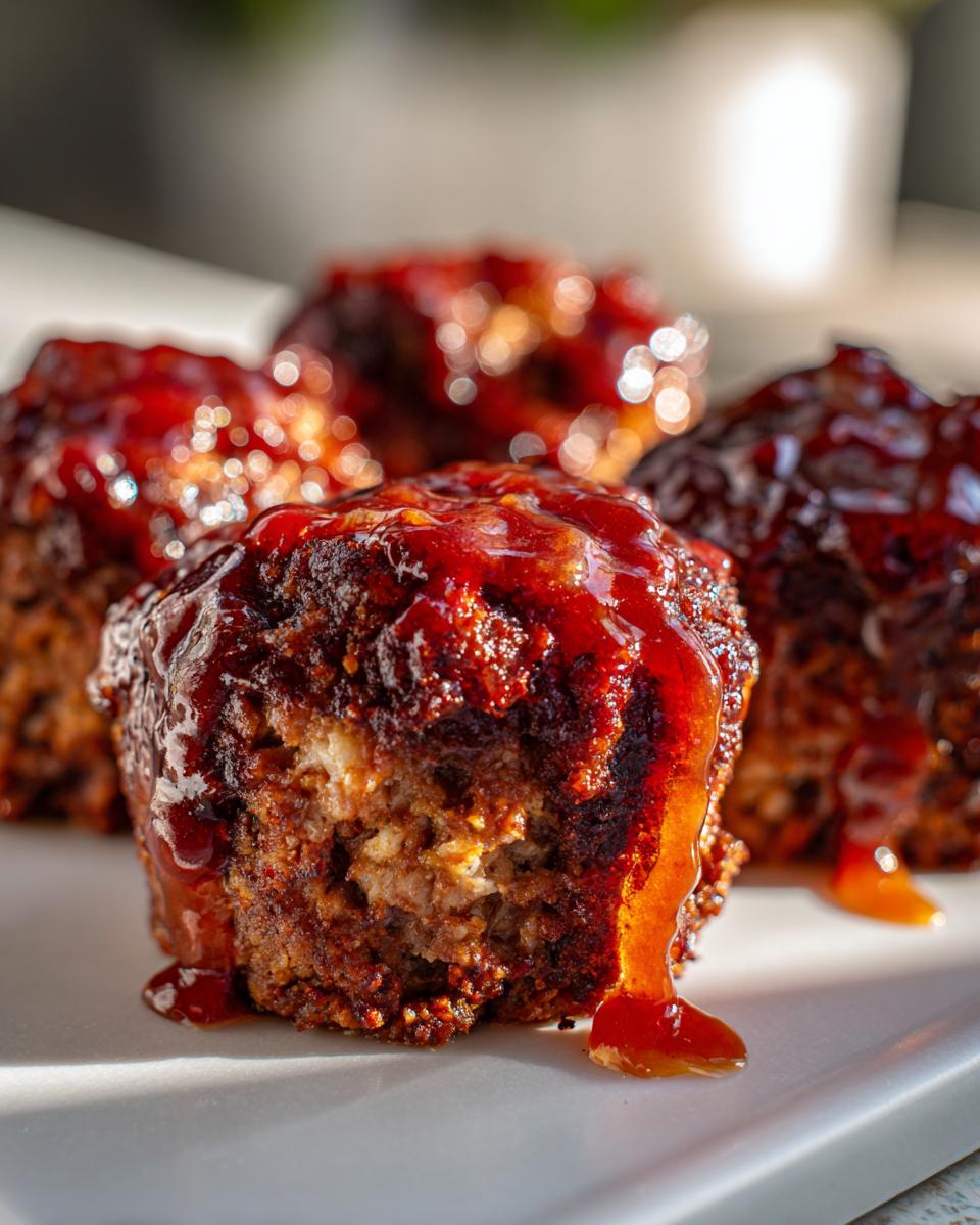 A close-up photo showing the texture of a delicious mini meatloaf topped with thick, glossy barbecue-style glaze dripping down the side.