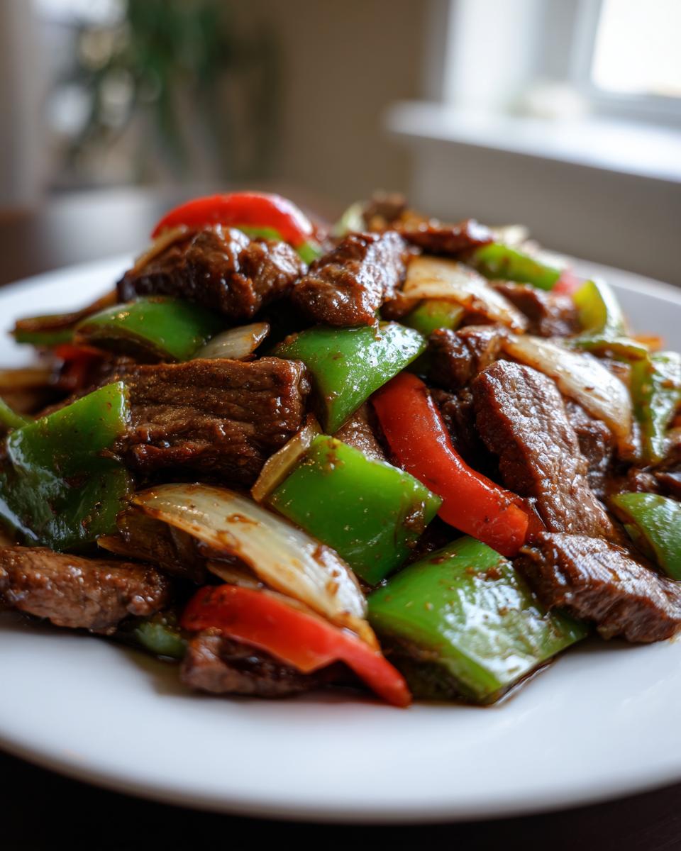 A close-up of savory pepper steak featuring tender beef strips mixed with vibrant green peppers and red peppers.