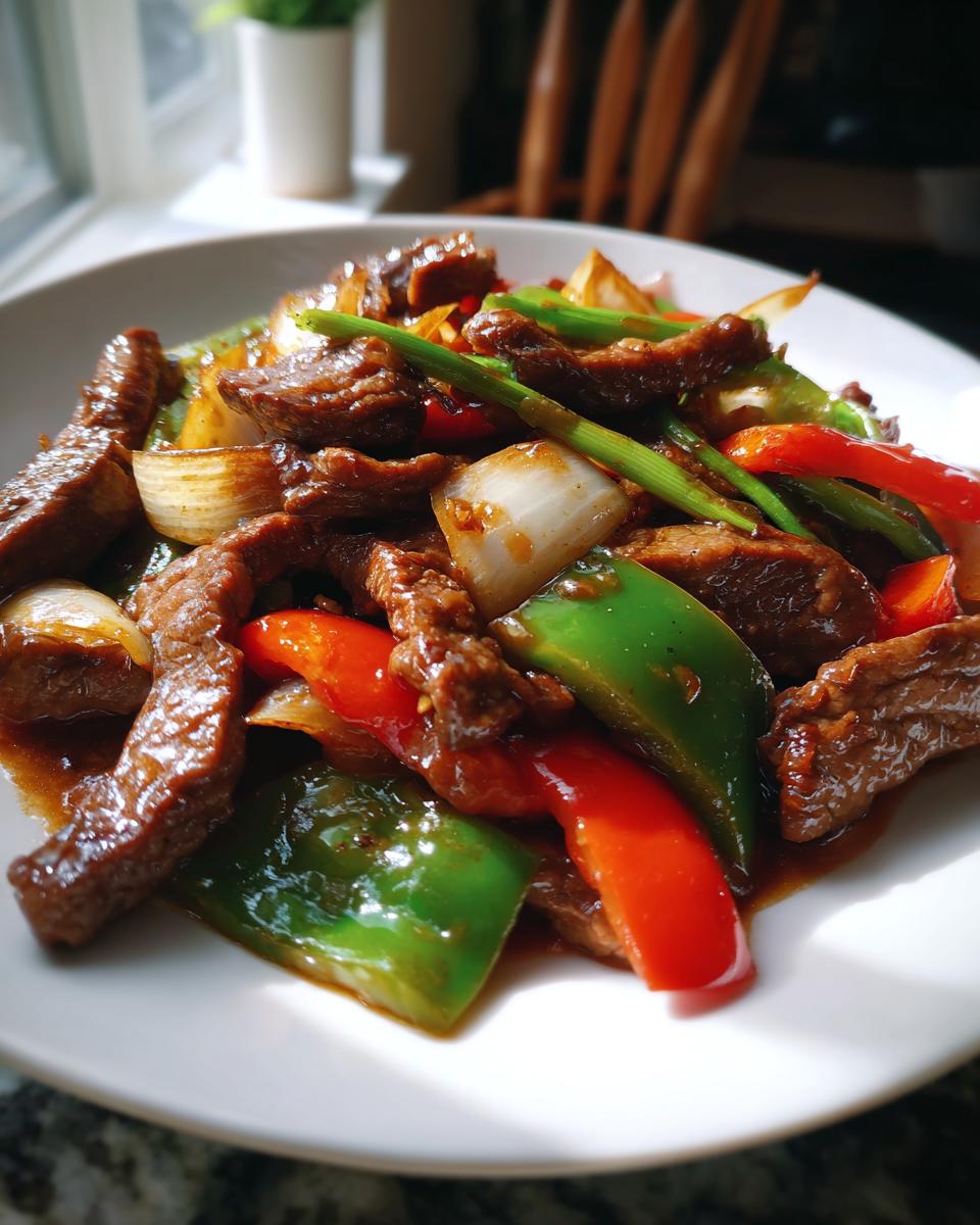 Close-up of glossy, saucy pepper steak strips with vibrant red and green bell peppers and onions.