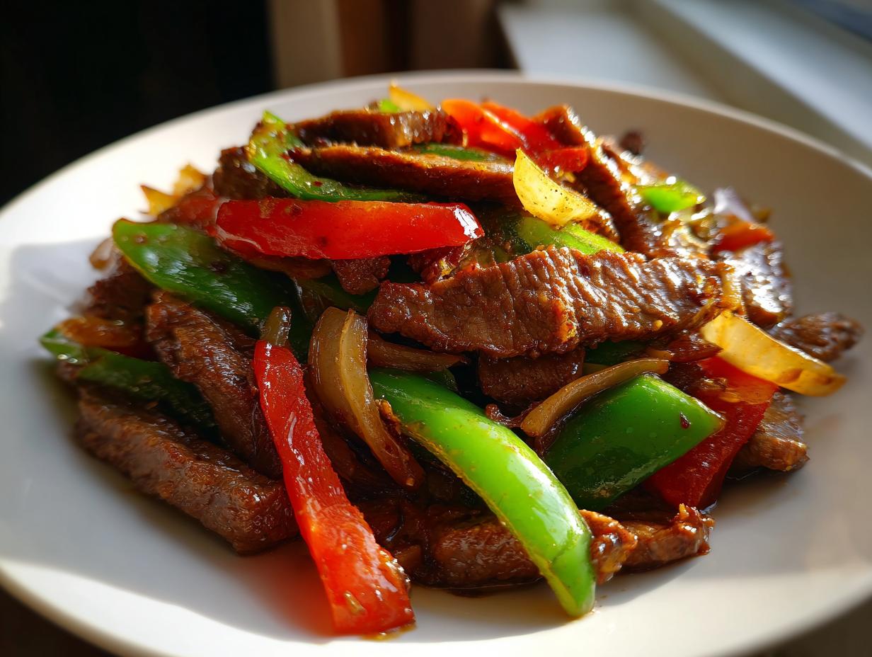 A close-up of vibrant, saucy pepper steak featuring strips of beef, green peppers, red peppers, and onions on a white plate.