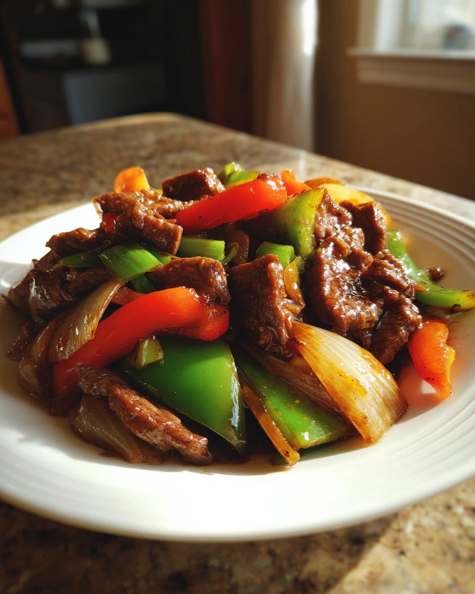 A plate of glossy, savory pepper steak featuring strips of beef, bright red and green bell peppers, and onions.