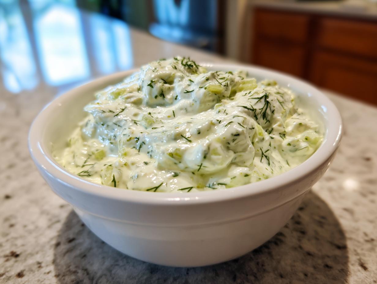 Close-up of creamy, chunky pickle dip topped with fresh dill in a white bowl.