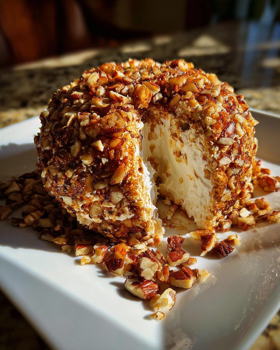 A wedge has been cut from the amazing pineapple cheese ball, revealing the creamy interior coated in chopped, toasted nuts.