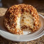 A cross-section view of a creamy pineapple cheese ball coated entirely in chopped, toasted pecans.