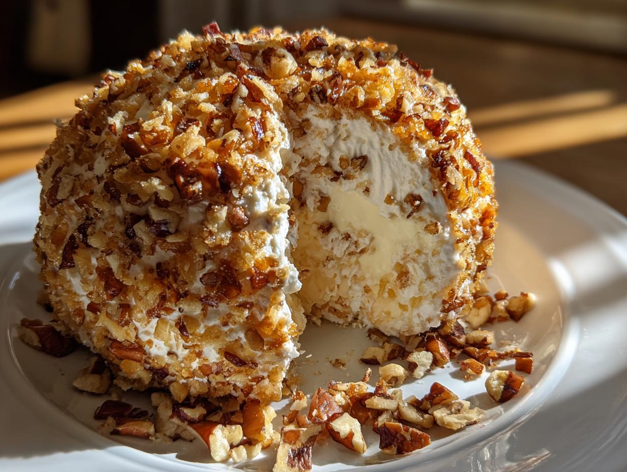 A slice cut from a creamy pineapple cheese ball coated entirely in chopped, toasted pecans.