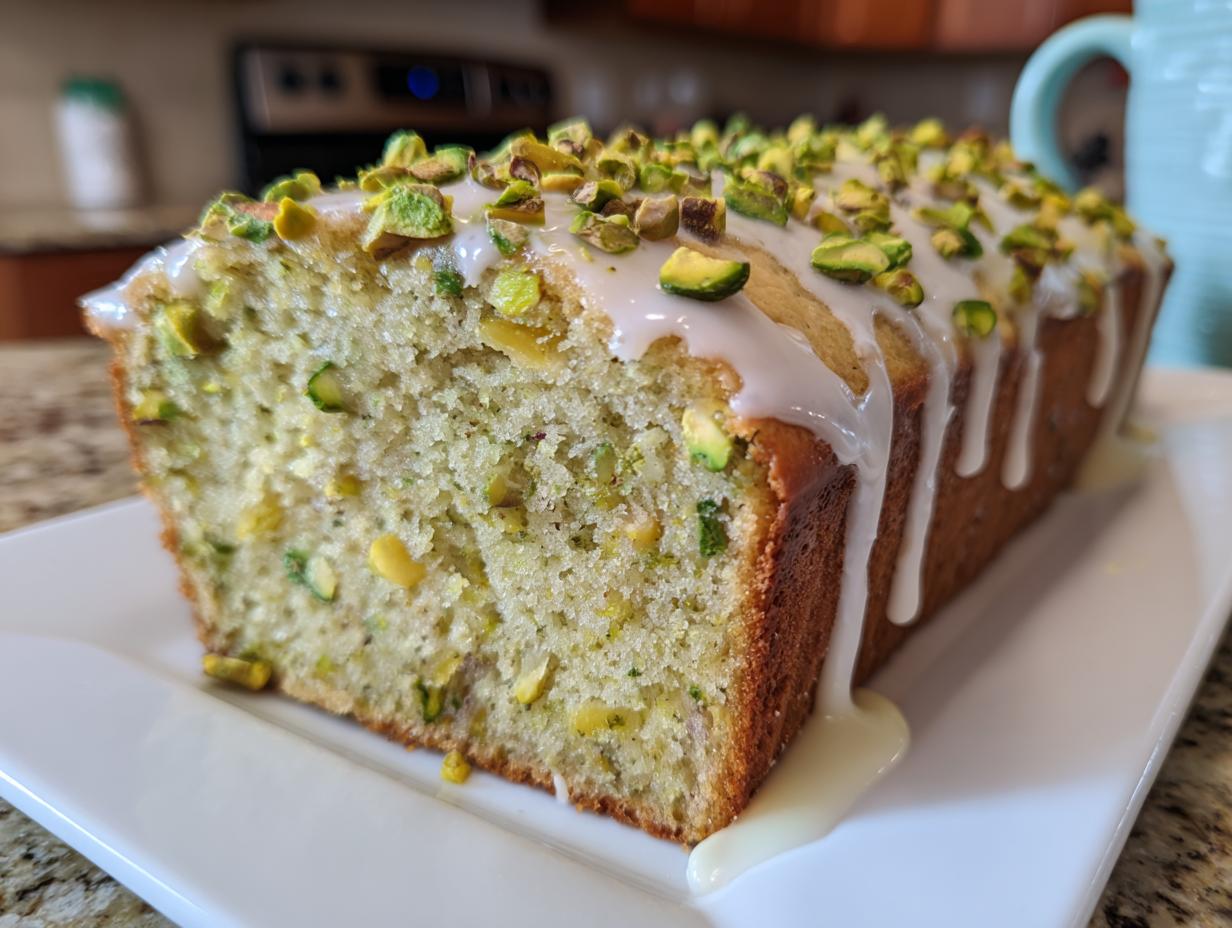 A close-up of a sliced pistachio bread loaf topped with white glaze and chopped pistachios.