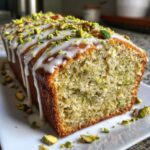 Close-up of a freshly baked pistachio bread loaf, drizzled with white icing and topped with chopped pistachios.