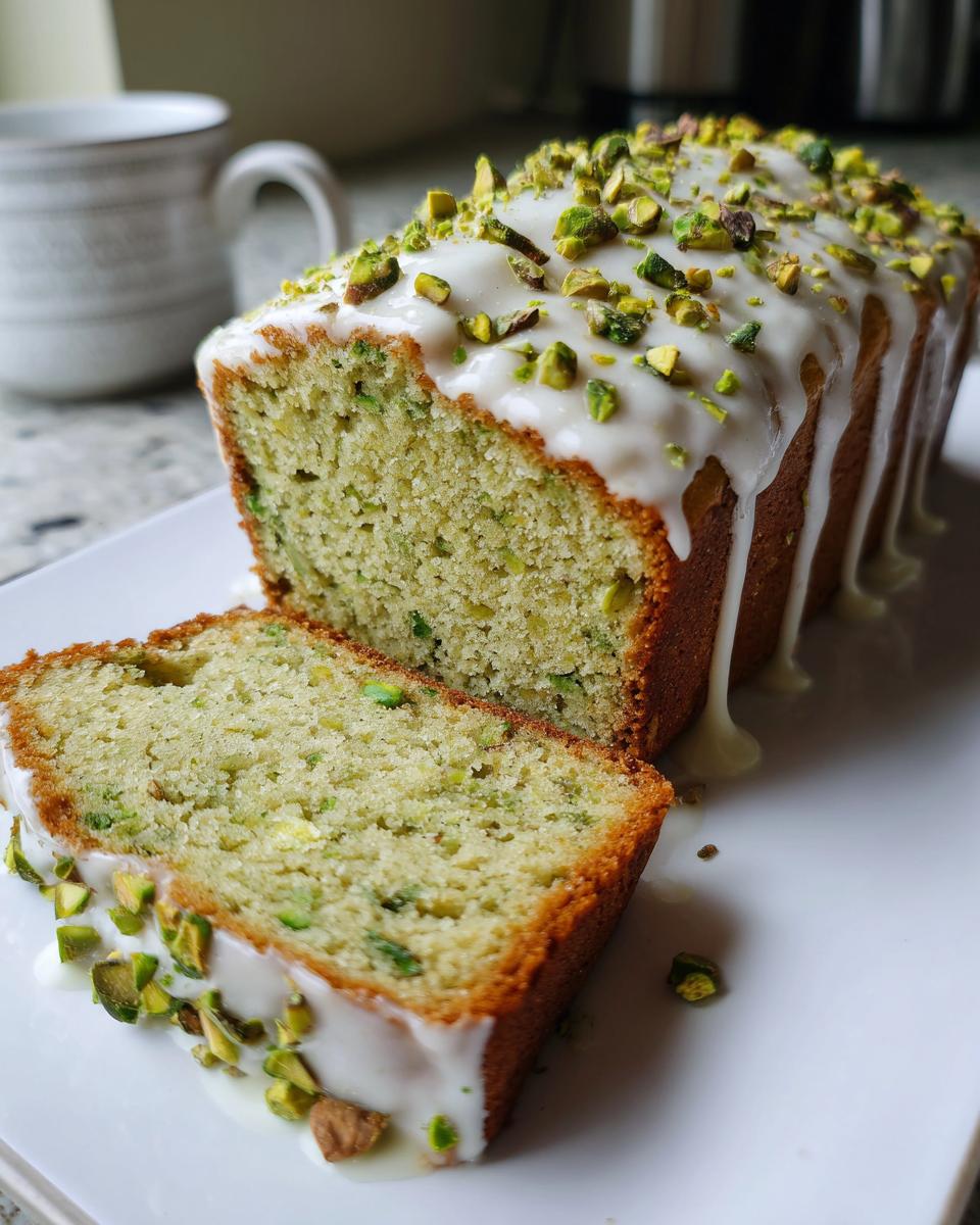 A slice cut from a loaf of moist pistachio bread topped with white glaze and chopped pistachios.