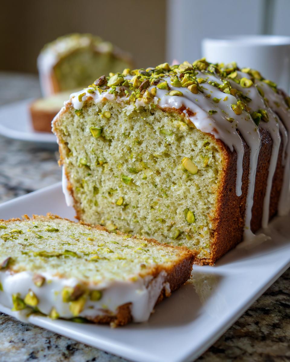 Close-up of sliced pistachio bread topped with white glaze and chopped pistachios.
