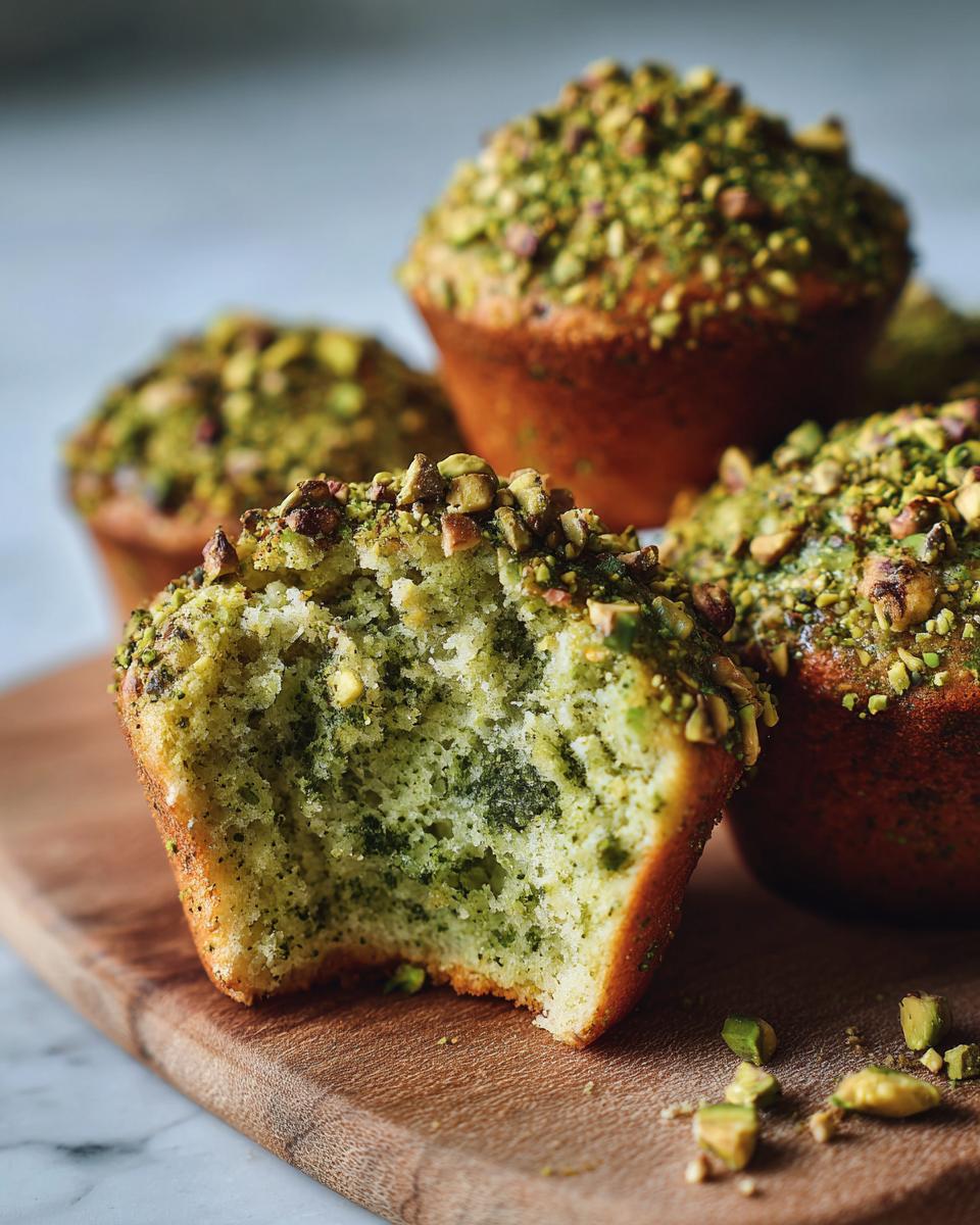 A close-up of a pistachio muffin with a bite taken out, revealing the green interior and topped with chopped pistachios.