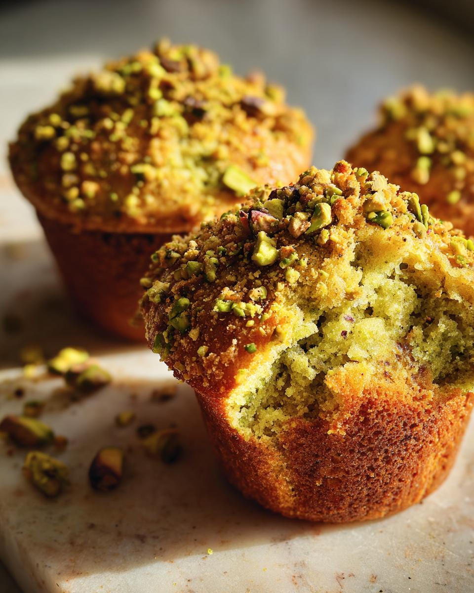 A close-up of a delicious pistachio muffin, broken open to show the green interior and topped with crunchy pistachio crumbs.