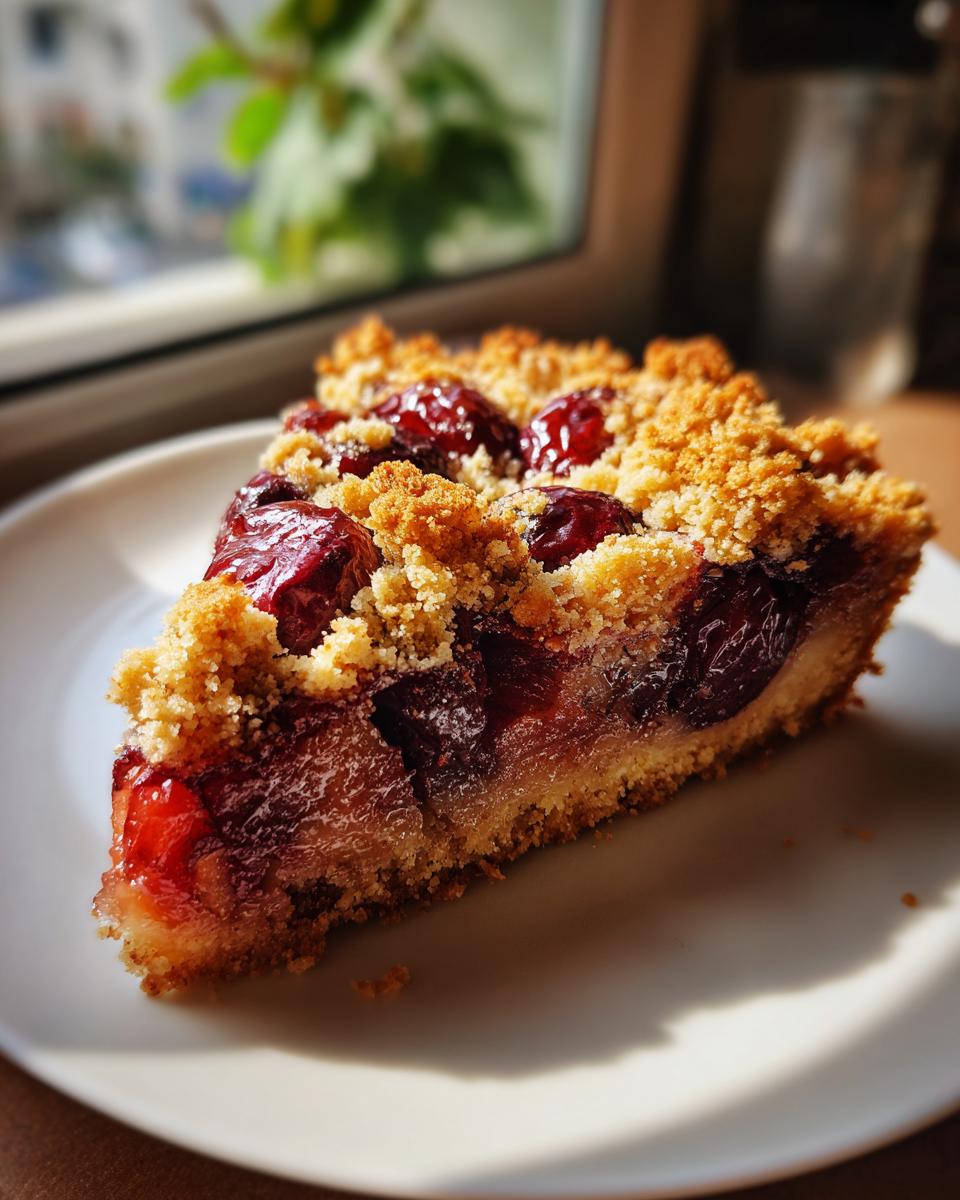 A close-up slice of delicious plum cake with a golden crumble topping, served on a white plate.