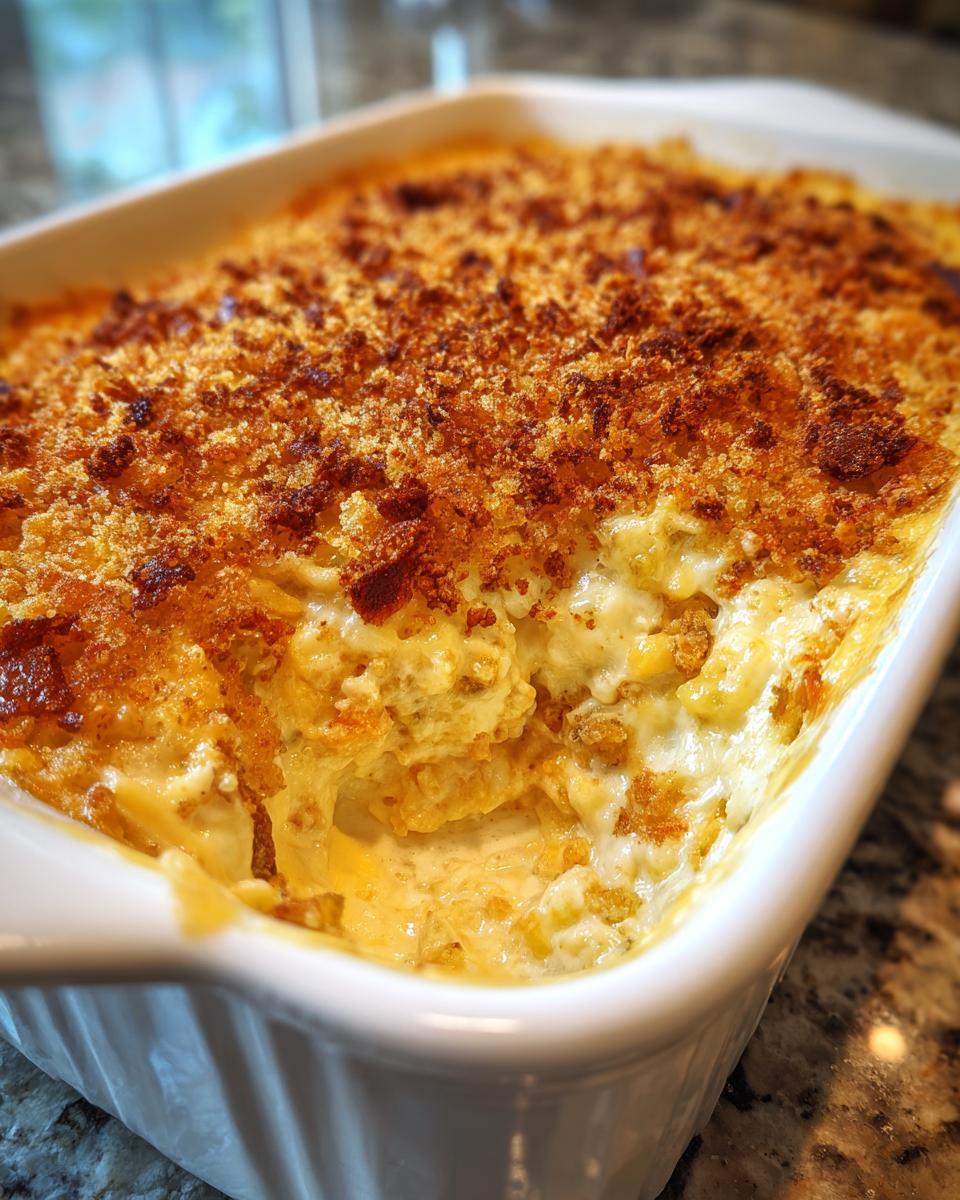 A close-up of a creamy, cheesy popper dip baked in a white casserole dish with a crunchy, golden-brown topping.