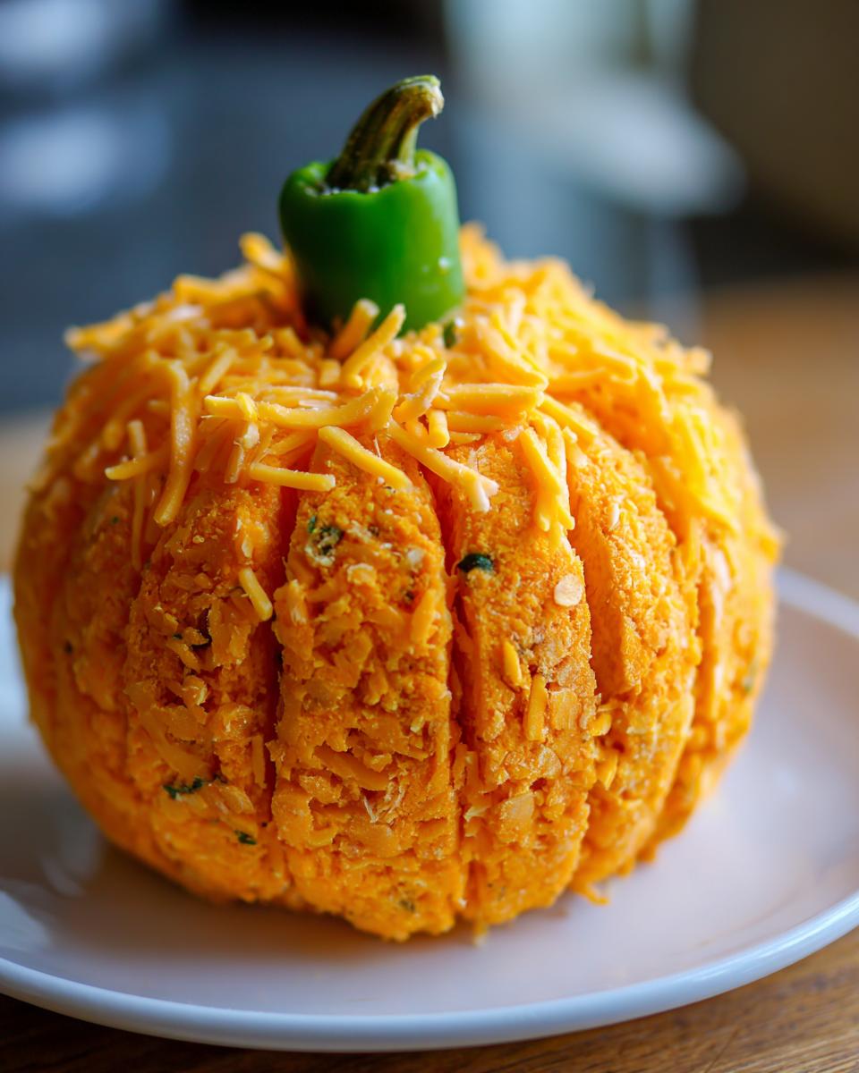 A vibrant orange pumpkin cheese ball, scored to look like a pumpkin, topped with shredded cheese and a green pepper stem.