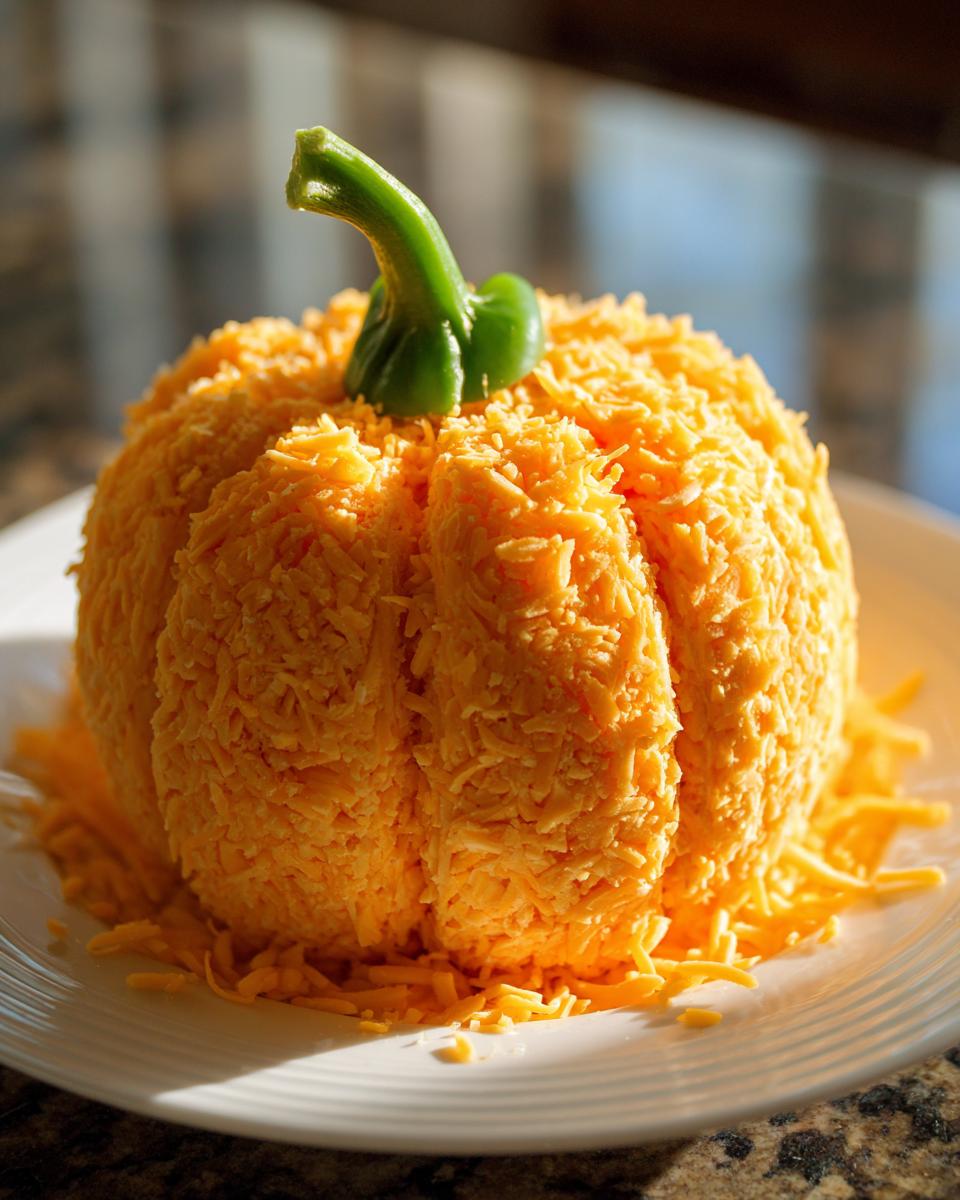 A festive pumpkin cheese ball coated in shredded cheddar cheese with a green pepper stem.