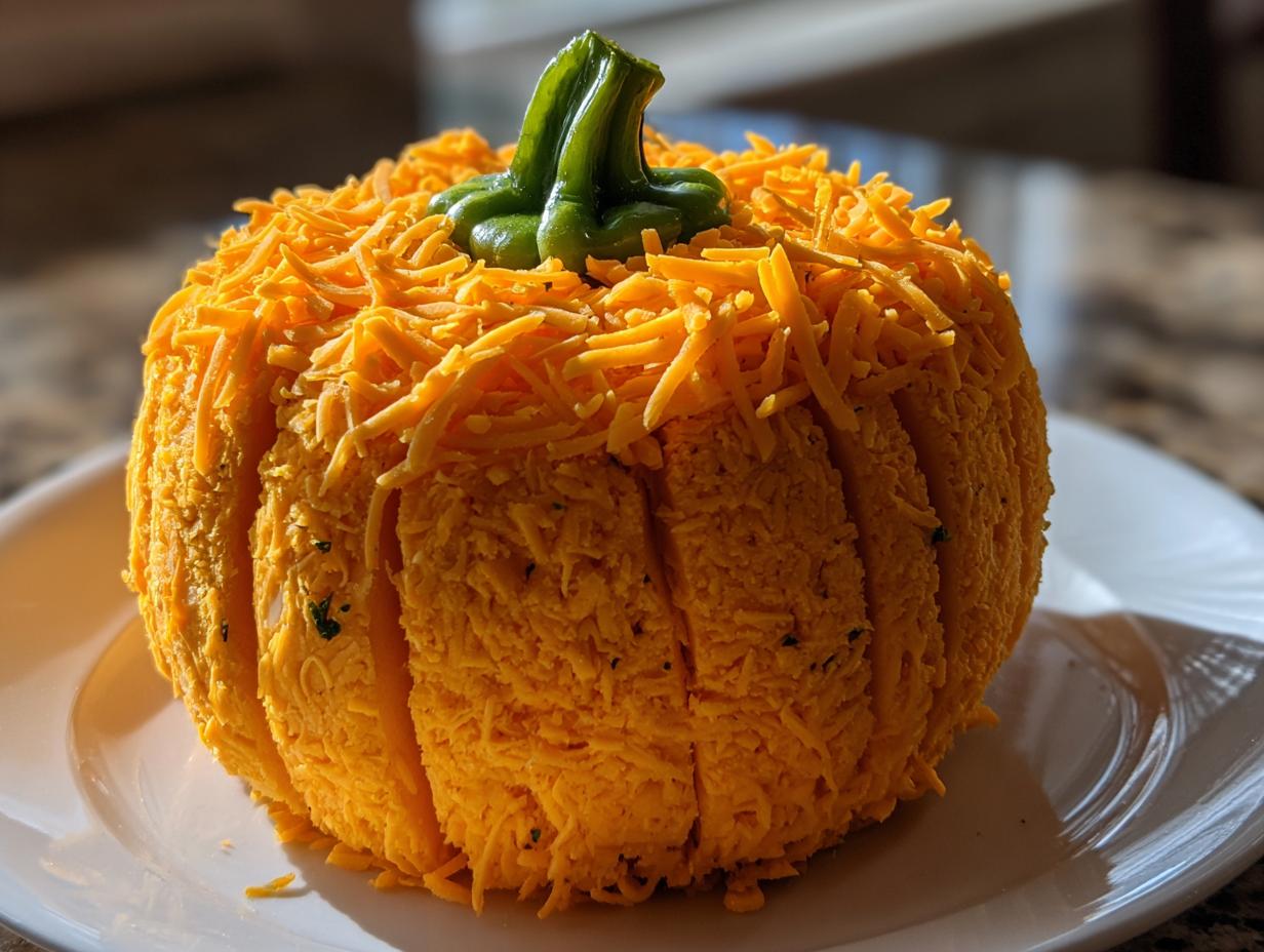 A vibrant orange pumpkin cheese ball covered in shredded cheddar cheese, topped with a green stem.