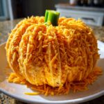 A festive pumpkin cheese ball coated entirely in shredded cheddar cheese, shaped like a small pumpkin with a green pepper stem.