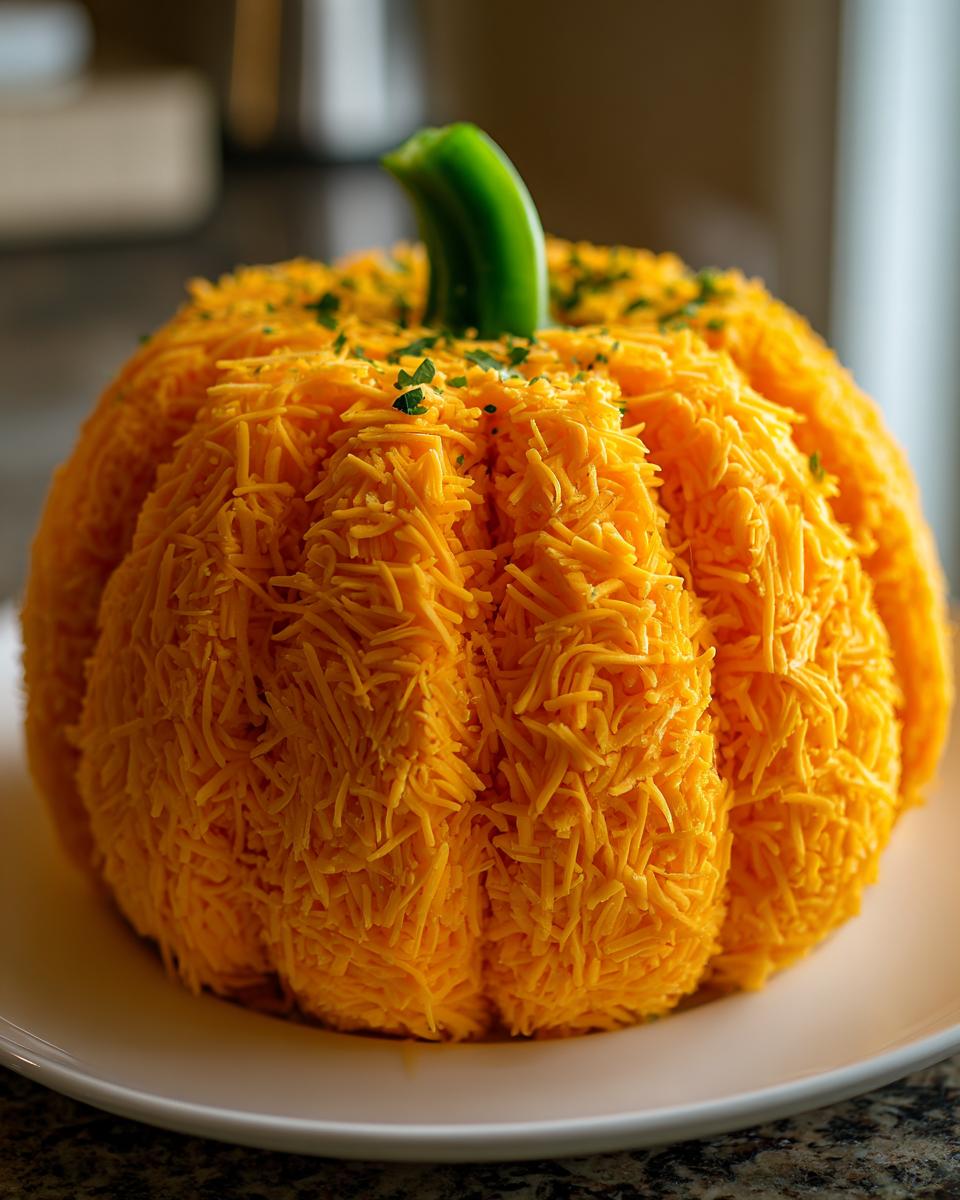 A festive pumpkin cheese ball covered in shredded cheddar cheese with a green pepper stem.