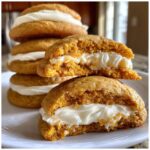 Close-up of a soft pumpkin cookie sandwich cut in half, showing the thick cream cheese filling of the pumpkin cookie.